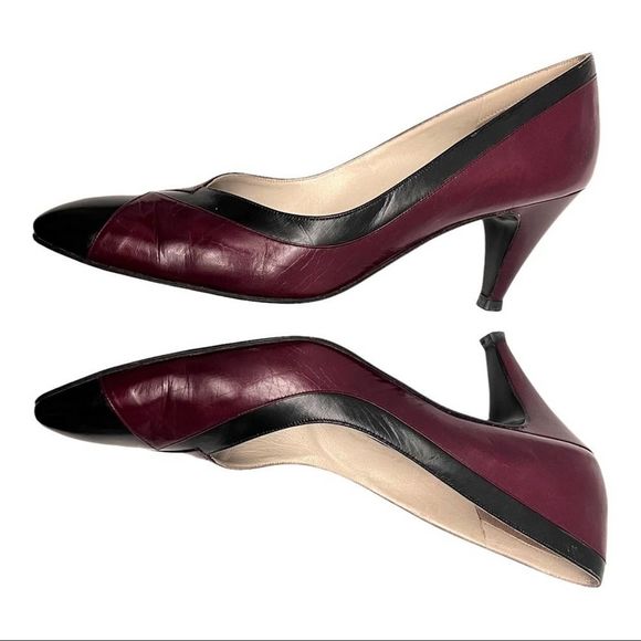 Rayne London Rare 80’s Vintage Custom Wine Red & Black Leather Pumps Size 8.5 AA - Picture 4 of 13